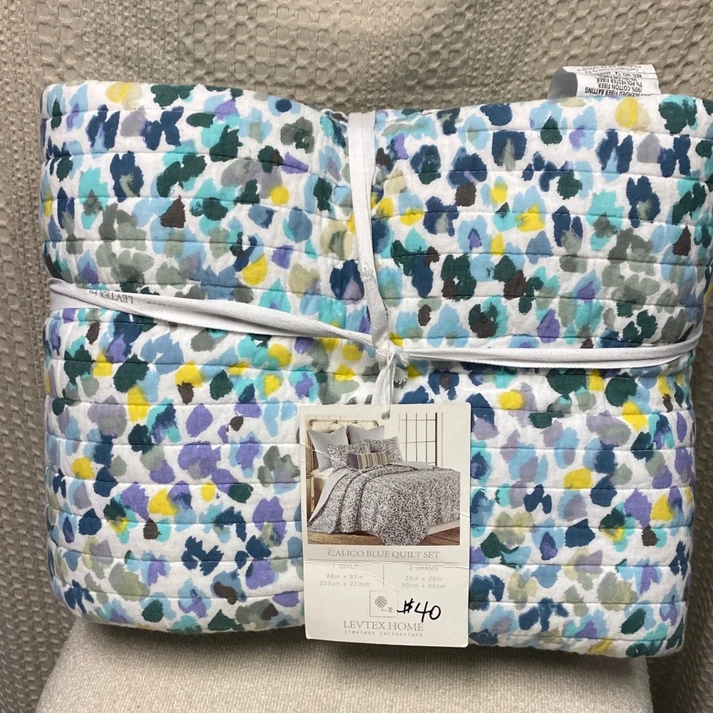 Levtex Quilted Coverlet in Blue, Teal, Yellow & Gray - Picture 1 of 2